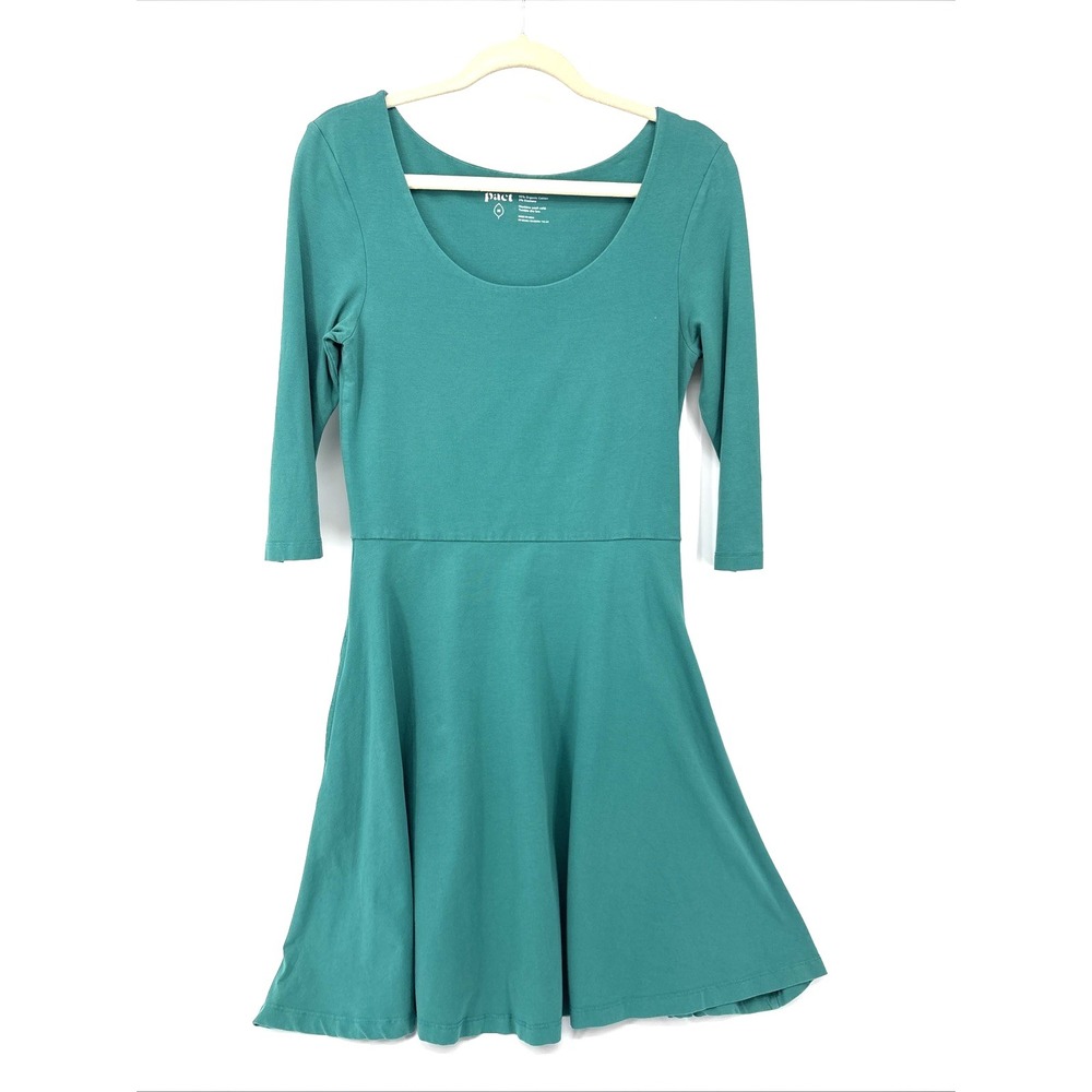 Pact Green Teal Fit and Flare Dress Medium Pockets Organic Cotton 3/4 Sleeve